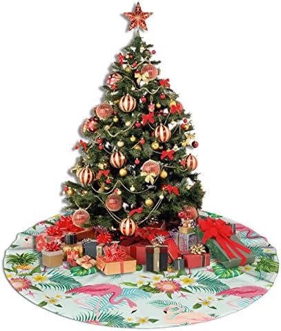 Flamingo Christmas Tree Skirt for Xmas Holiday Party Supplies Large Tree Mat Decor, Tropical Summer Pink Flamingo Palm Leaves Flowers Ornaments 30" - Image 4