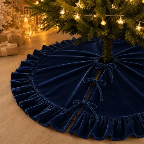 48-Inch Navy Blue Ruffled Velvet Christmas Tree Skirt with 3 Bow Ties, Large Round Vintage Xmas Tree Base Cover for Holiday Home and Party Decor, 122 cm by AtiMing