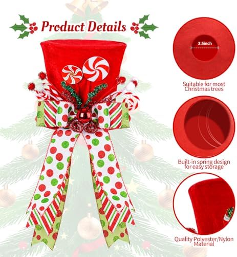 Candy Cane Christmas Tree Topper Hat, Red Velvet Hat,Polka Dot Bow Topper - Image 5