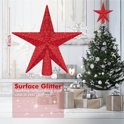 1PCS Star Tree Topper, 4" Red Christmas Tree Topper Glitter Decorations, 3D - Image 2