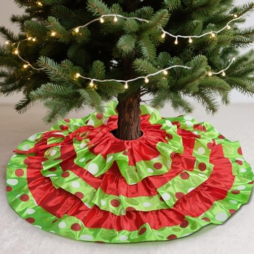 yuboo 24 Inch Tabletop Christmas Tree Skirt - Small Red and Green Polka Dots Ruffle Tree Skirt, Mini Xmas Tree Mat for Pencil Tree, Halloween Christmas Tree Decorations Ornaments by yuboohomedecorations