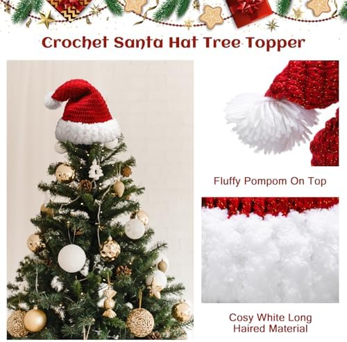 Syhood Christmas Tree Topper Red Crochet Santa Hat Farmhouse Holiday Xmas Decor for Christmas Tree Ornament Party Decoration - Image 2
