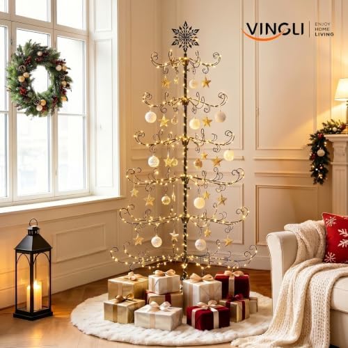 VINGLI 6ft Metal Christmas Ornament Tree Stand, Decorative Iron Display Tree w/ 192 Branches, Snowflake Topper, Ornament Display for Hanging Balls, Wrought Iron Xmas Tree Holiday Decorations, Black - Image 4