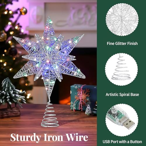 Lewondr Christmas Star Tree Topper, 14.6" Lighted Glitter 3D Star Treetop - Image 3