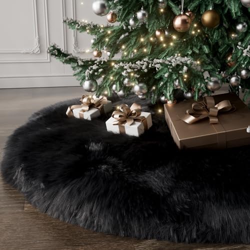 60 Inch Black Faux Fur Christmas Tree Skirt Plush Xmas Tree Base Cover by BSSN