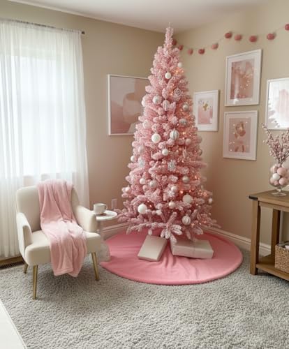 AOGU 48 Inch Faux Fur Christmas Tree Skirt Pink Shiny Plush Skirt for Merry Christmas Party Christmas Tree Decoration - Image 3