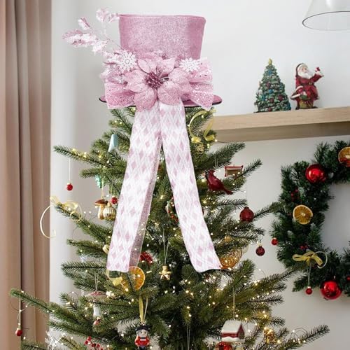 Garvee Pink Christmas Tree Topper Bow, 9.84 in Glitter Christmas Tree Decoration with Bows & Decorative Spruce Branch, Xmas Holiday Decoration for Snowman - Image 3