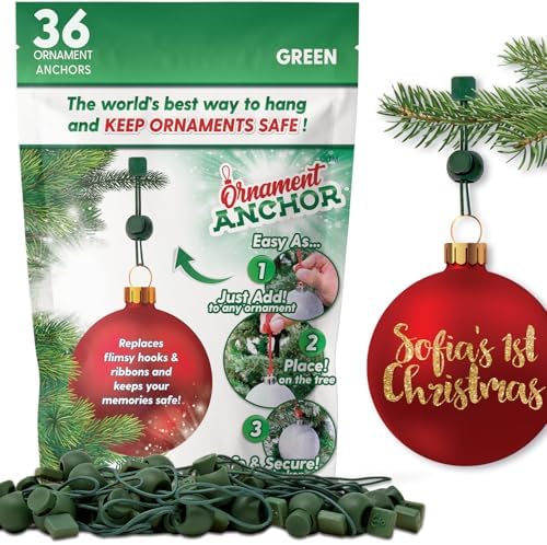 ORNAMENT ANCHOR Ornament Hooks for Hanging Christmas Decorations - No-Slip Hanging Hooks for Xmas - Heavy Duty Christmas Tree Ornaments Hanger Hooks for Small & Large Ornaments (Green, 36 Count) by OrnamentAnchor