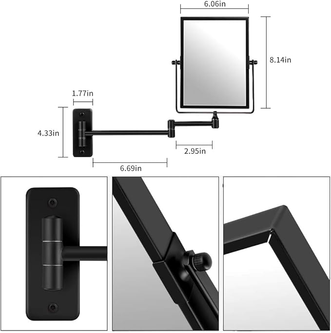 QiMH 3X Magnified Wall Mounted Mirror, Rectangular 8x6 Inch with Extendable Arm | Double-Sided Swivel Bathroom Shaving Vanity Mirror