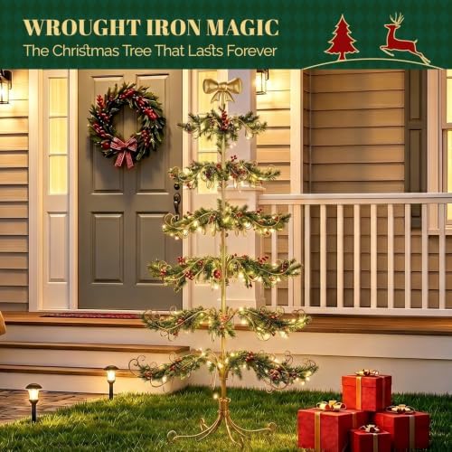 VINGLI 6ft Metal Christmas Ornament Tree Stand w/Bow Topper, 192 Branches, Decorative Iron Display Tree for Hanging Ornaments, Wrought Iron Christmas Tree Decoration for Holiday Home Decor, Gold - Image 6