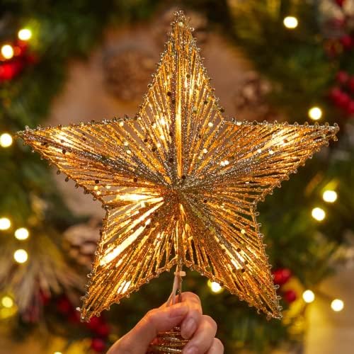Christmas Star Tree Topper, Plug in 3D Star Tree Topper, 11”Golden Glittered Metal Hollow Designed Built-in 10 Bulbs String Lights for Christmas Tree Decorations - Image 4