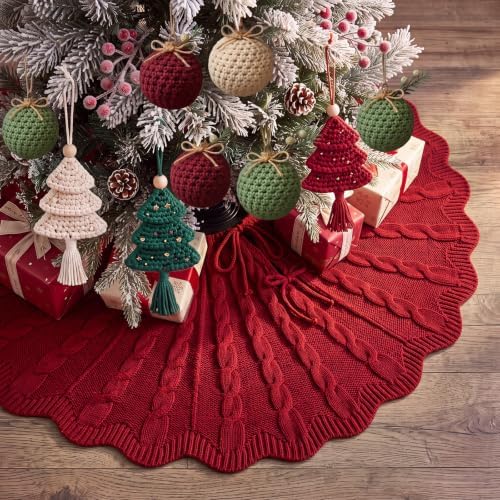 Thenshop 48 Inch Chunky Cable Knit Christmas Tree Skirt Burgundy - Image 3