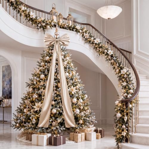 Daifunli 24 x 79 Inches Giant Satin Bow Christmas Tree Topper,Champagne - Image 5
