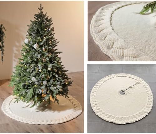 NIBESSER Knit Christmas Tree Skirt White 48" - Ivory Knitted Mat for Christmas Decorations, Yarn Thick Rustic Cable Knit Tree Skirt for Home Party Ornaments - Image 4