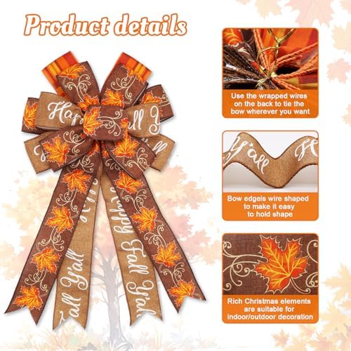 2 Pack Large Fall Wreath Bow 20x11 Inch, Wired Thanksgiving Tree Topper Bow - Image 2