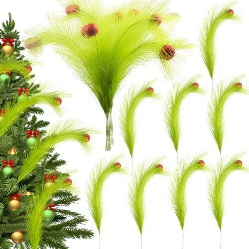 8Pcs Christmas Tree Topper, 16.9 Inch Green Lime Curly Tree Picks with Red Glitter Balls Xmas Artificial Green Ornaments Stems for Christmas Tree Wreath Decorations Home Party Crafts Decor by AGNURCADE