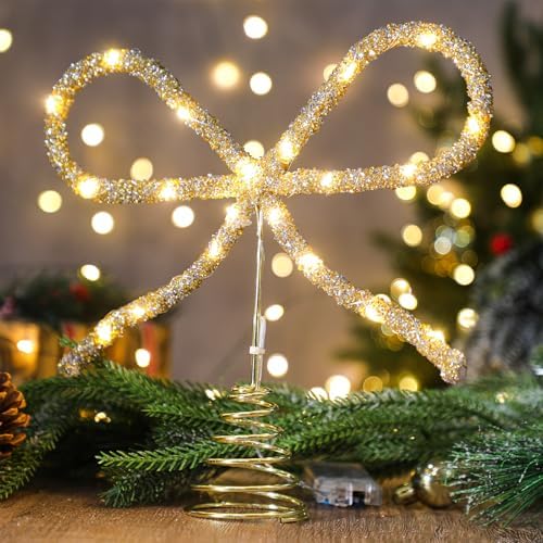 Retisee 9.8 Inch LED Bow Tree Topper Rhinestone Christmas Decor,Gold - Image 2