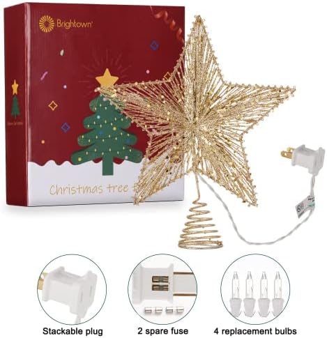 Christmas Star Tree Topper, Plug in 3D Star Tree Topper, 11”Golden Glittered Metal Hollow Designed Built-in 10 Bulbs String Lights for Christmas Tree Decorations - Image 6