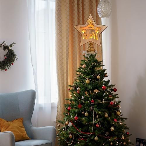 GHOSTMAGIC 3D Wooden Nativity Christmas Tree Star Topper Lighted, LED Xmas Decor Ornaments for Indoor - Image 2