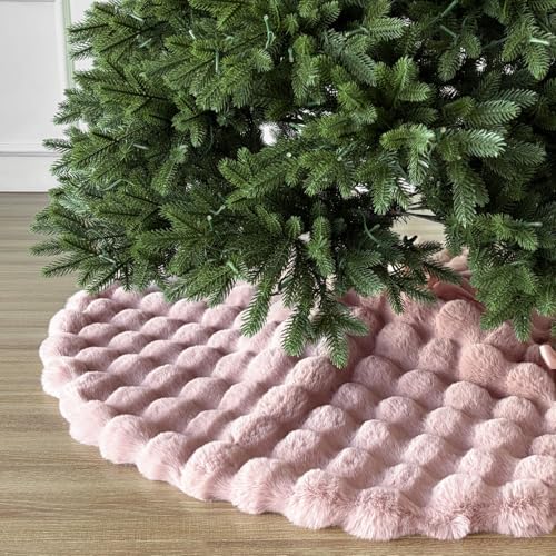 48-Inch Puff Quilt Faux Fur Christmas Tree Skirt, Soft Plush Tufted Texture with Satin Ribbon Ties, Baby Pink - Image 3