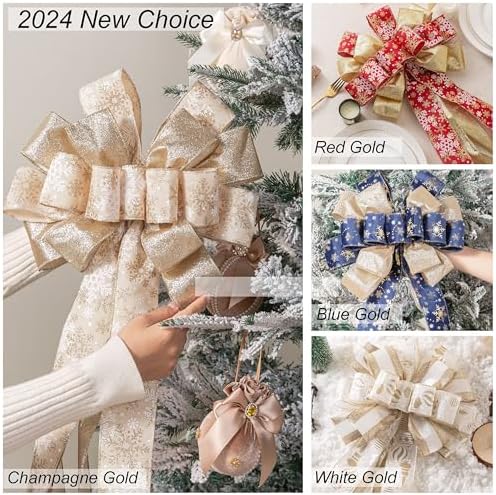 Christmas Tree Topper, 40x13 Inches Toppers Bow with Glitter Satin Mesh Streamer and Patterned Ribbon, Christmas Tree Topper Bow for Christmas Home Decoration (White Golden) - Image 2