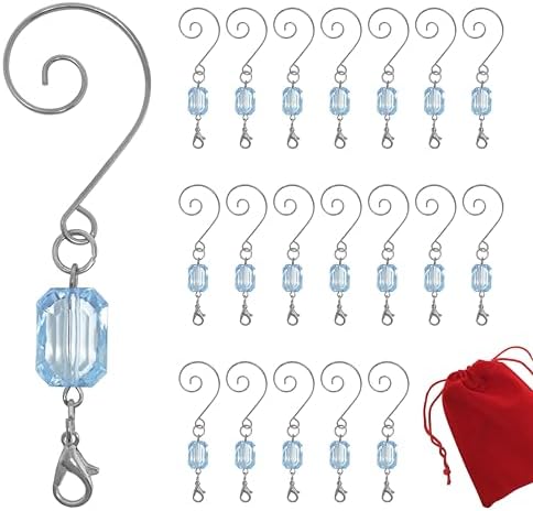 Christmas Ornament Hooks, Light Blue Acrylic Jewel Ornament Hangers with Silver Wire, Decorative Tree Hooks with Storage Bag, Pack of 20, 3 Inch Holiday Ornament Hooks for Christmas Tree Decorating by BANBERRYDESIGNS