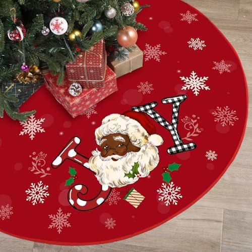 Tiamon Christmas Tree Skirt - 48 Inch Red African American Xmas Tree Mat Decor Snowflake Joy Santa Claus Decor for Winter Holiday Christmas Decoration Supplies by Tiamon