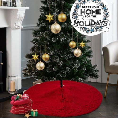 24 Inch Red Christmas Tree Skirt, Knitted Tree Skirt for 3-4Ft Pencil Tree, Vintage Thick Small Tree Skirt for Christmas Trees Decoration, Xmas Home Indoor Farmhouse Decorations - Image 5
