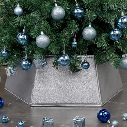Blissun Fabric Christmas Tree Collar, Hexagonal Christmas Tree Ring, Glittering Willow Tree Skirt for Christmas Decorations (Glitter Silver) - Image 3