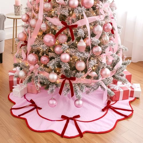 Soulchen Red Velvet Bow Pink Christmas Tree Skirt 36 Inches - Image 5