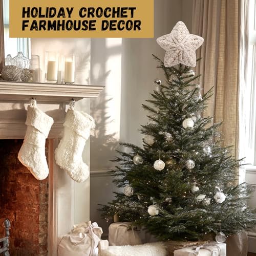 Syhood 10 Inch Star Christmas Tree Topper Crochet Chunky Yarn Star Xmas Decor for Christmas Tree Ornament Farmhouse Holiday Party Decoration, Cream White - Image 4