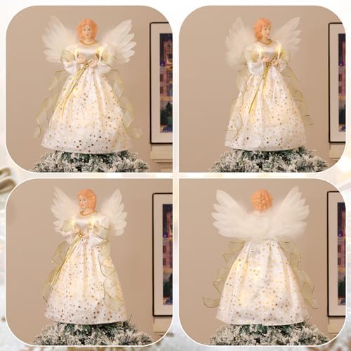 Lewondr Christmas Tree Topper Angel, 12" Lighted Angel Tree Topper with 8 Modes, 6H Timer Angel Figurine Christmas Tree Top Wings, Remote & USB Powered Xmas Decor for Tree Tabletop Home, Gold - Image 6