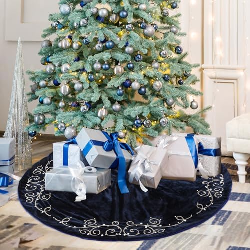 72inch Extra Large Christmas Tree Skirt Navy Blue Luxury Velvet Plush Fur Skirts Baroque Tree Skirts with Gold Embroidered Pearls and Crystals Trees Skirt for Christmas Holiday Party Home Decoration - Image 4