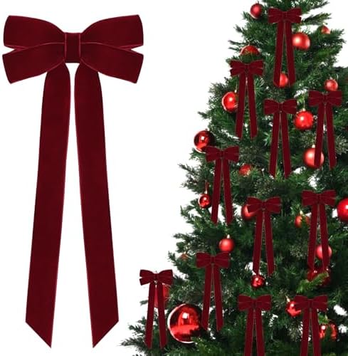 12Pcs Burgundy Velvet Ribbon Bows Christmas Tree Decorations,5in x 10in Xmas Ornaments for Tree Home Party Front Door Wreath Garland Holiday Decor by brand
