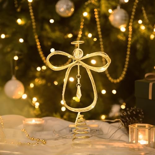 Valery Madelyn Lighted Christmas Tree Topper Angel with Timer, 12 Inch Pre-Lit Gold Metal Small Angel Tree Topper with Lights for Christmas Tree Decoration Indoor, Battery Operated, Valentines Gift - Image 5