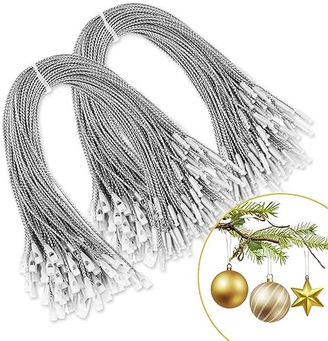 CCINEE 200 Pcs 7.9" Inch Christmas Ornaments String Hanger,Precut Ribbon Hook Metallic Sliver Ornament String with Snap Fastener for Christmas Holiday Ornaments Hanging Decoration by CCINEE