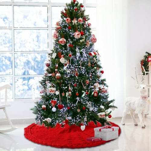 YUJUN 48 Inches Christmas Knitted Tree Skirt Decorations Xmas Large Red Chunky Cable Farmhouse Thick Rustic Tree Skirt for Merry Christmas Tree Holiday Home Party Decoration - Image 6