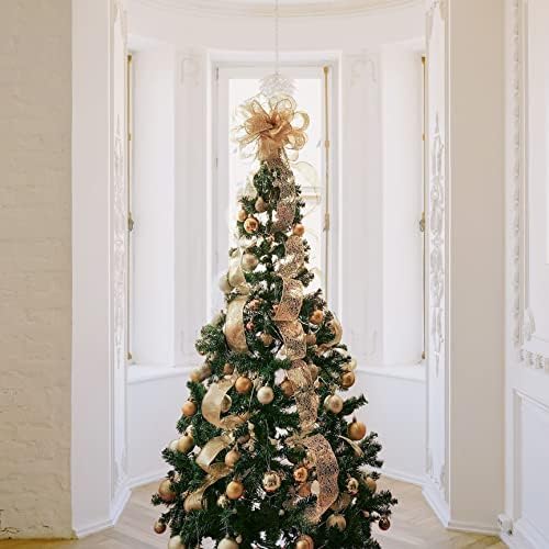 Christmas Tree Topper Bow - Bow: 11" sq. - Tails: 3 Yards Long Each - Champagne Snowflake - Image 2