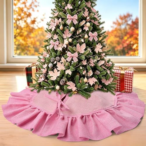 Mini Pink Burlap Christmas Tree Skirt, 24'' Fall Tree Decorations by Sofevaim
