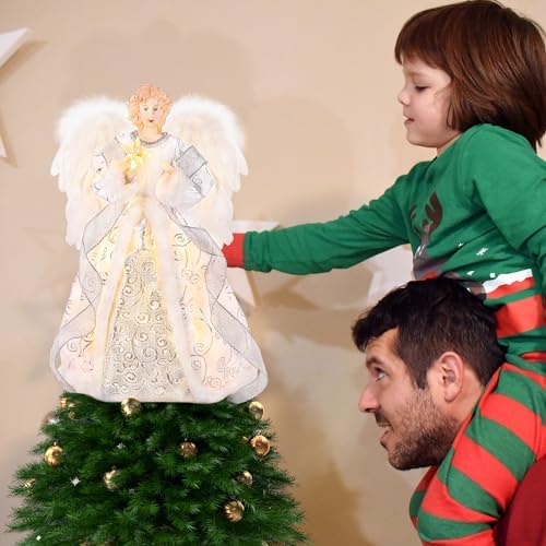 PEEKI Christmas Tree Topper, 15" Angel Treetop with Lights and Remote Control Timer, Christmas Tree Decoration for Holiday Ornament and Home Decor, Silver - Image 3
