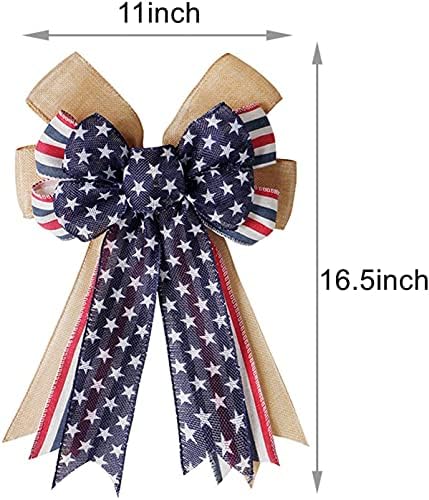 Patriotic Decor Bows for Wreaths,Burlap Red White Blue Stripe Stars Tree Topper Bow for 4th of July,Independence Day,Memorial Day,Veteran's Day,Front Door Indoor Outdoor Decorations - Image 2