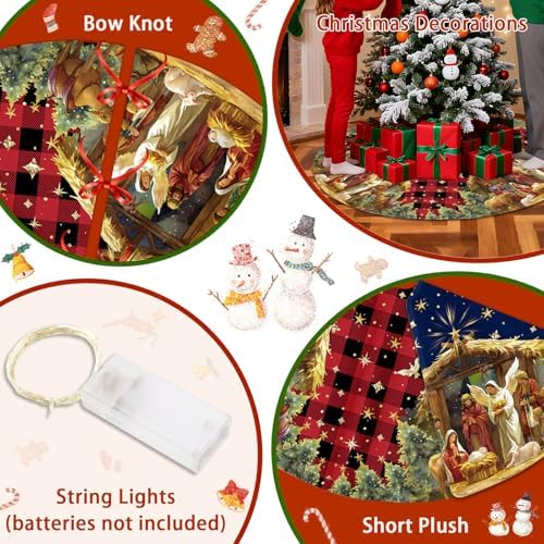 Double Sided Christmas Tree Skirt with LED Lights, 36 Inch Christmas Skirt Tree Decoration with Buffalo Plaid Nativity, Christmas Trees Mat for Under Trees Holiday Party Indoor Decorations - Image 3