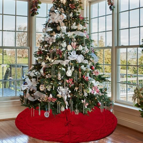24 Inch Red Christmas Tree Skirt, Knitted Tree Skirt for 3-4Ft Pencil Tree, Vintage Thick Small Tree Skirt for Christmas Trees Decoration, Xmas Home Indoor Farmhouse Decorations - Image 6