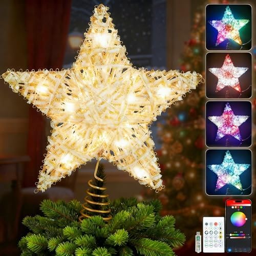 Smart Christmas Tree Topper, 9" RGB Star Tree Topper, Timer, App Control, USB Powered, Music Sync, Gold Tree Topper for Indoor Party Holiday Decor by BraveDream