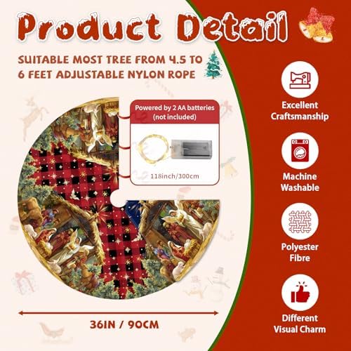 Double Sided Christmas Tree Skirt with LED Lights, 36 Inch Christmas Skirt Tree Decoration with Buffalo Plaid Nativity, Christmas Trees Mat for Under Trees Holiday Party Indoor Decorations - Image 2