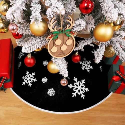 23 Inch Black Burlap Christmas Tree Skirt with White Snowflakes - Image 2