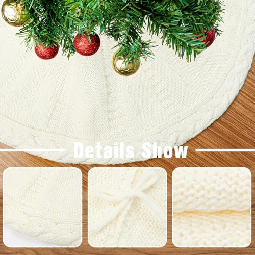 White Christmas Tree Skirt 24 Inch, Knitted Tree Skirt for 4Ft Pencil Tree, Vintage Thick Small Tree Skirt for Christmas Trees Decoration, Xmas Home Indoor Farmhouse Decorations - Image 2