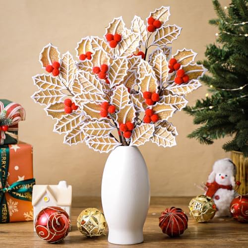 Janinka 8 Pcs Christmas Gingerbread Poinsettia Picks Tree Topper Picks with Berries Gingerbread Poinsettia Flower with Gold Glitter 11.8 Inches Christmas Tree Ornaments for Xmas Home Vase Decor - Image 6
