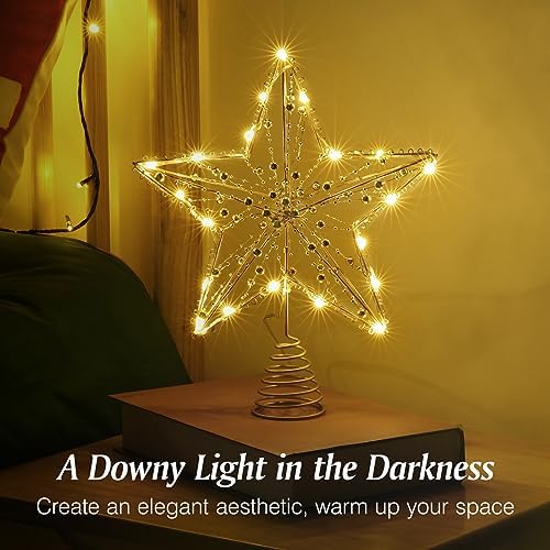 Lewondr Metal Christmas Star Tree Topper with Lights and Beads, Gold - Image 2