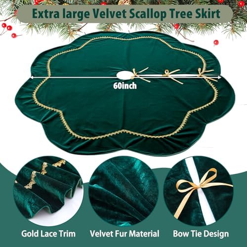 Arrowbash Christmas Tree Skirt 60 Inch Green Velvet Fur Scallop Tree Skirt Sparking Gold Lace Trim for Party Rustic Xmas Holiday Decorations All Year - Image 5